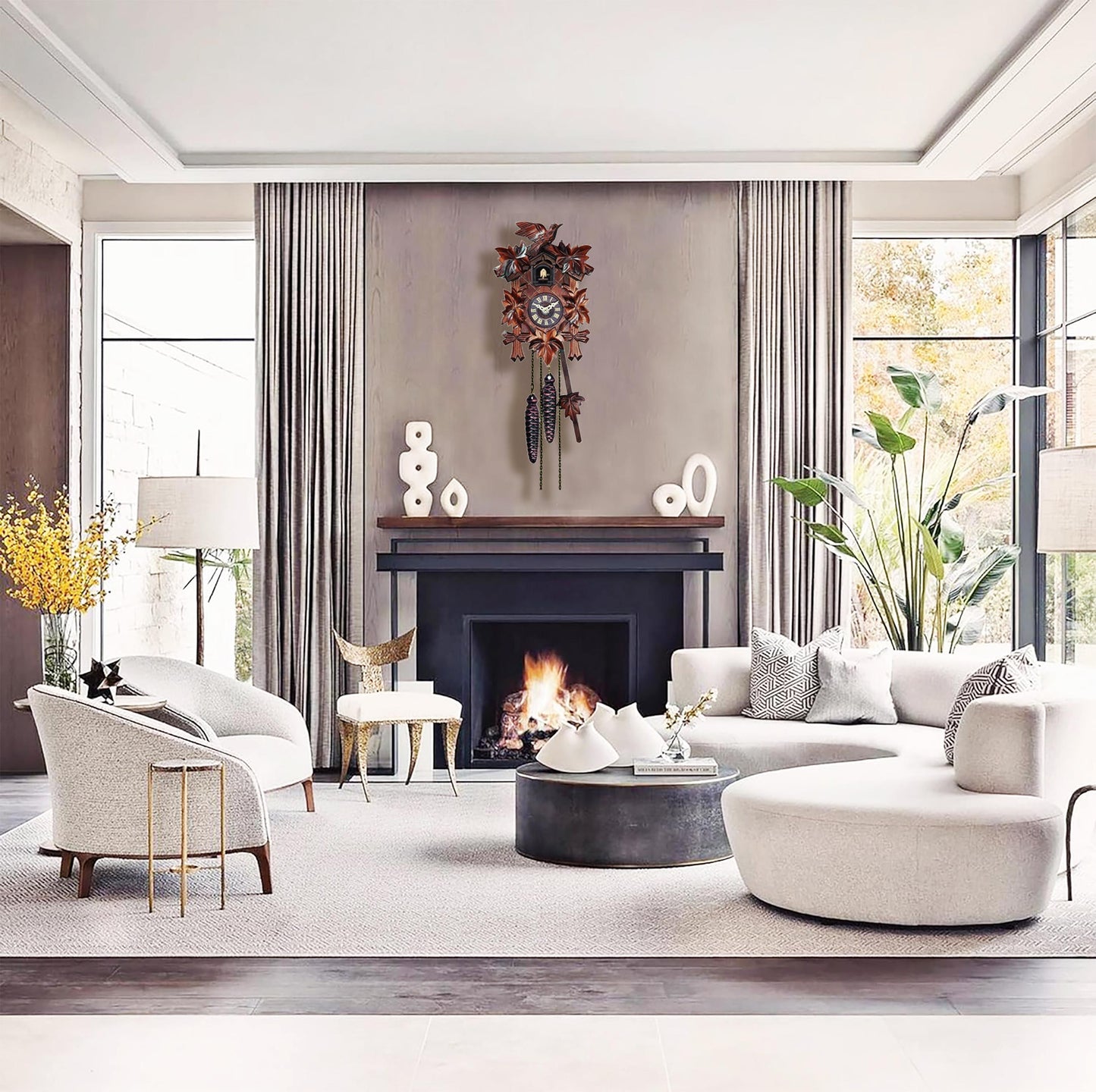 Quartz Cuckoo Clock 5-Leaves, with Singing Bird,Night Mode and Swinging Pendulum, Quartz Cuckoo Clock for Wall, AT-10001/10002/10003