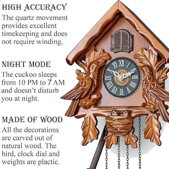 Cuckoo Clocks with Night Mode, Singing Bird and Carved Wood Decorations, AT-10007/10008/10009