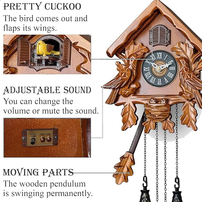 Cuckoo Clocks with Night Mode, Singing Bird and Carved Wood Decorations, AT-10007/10008/10009