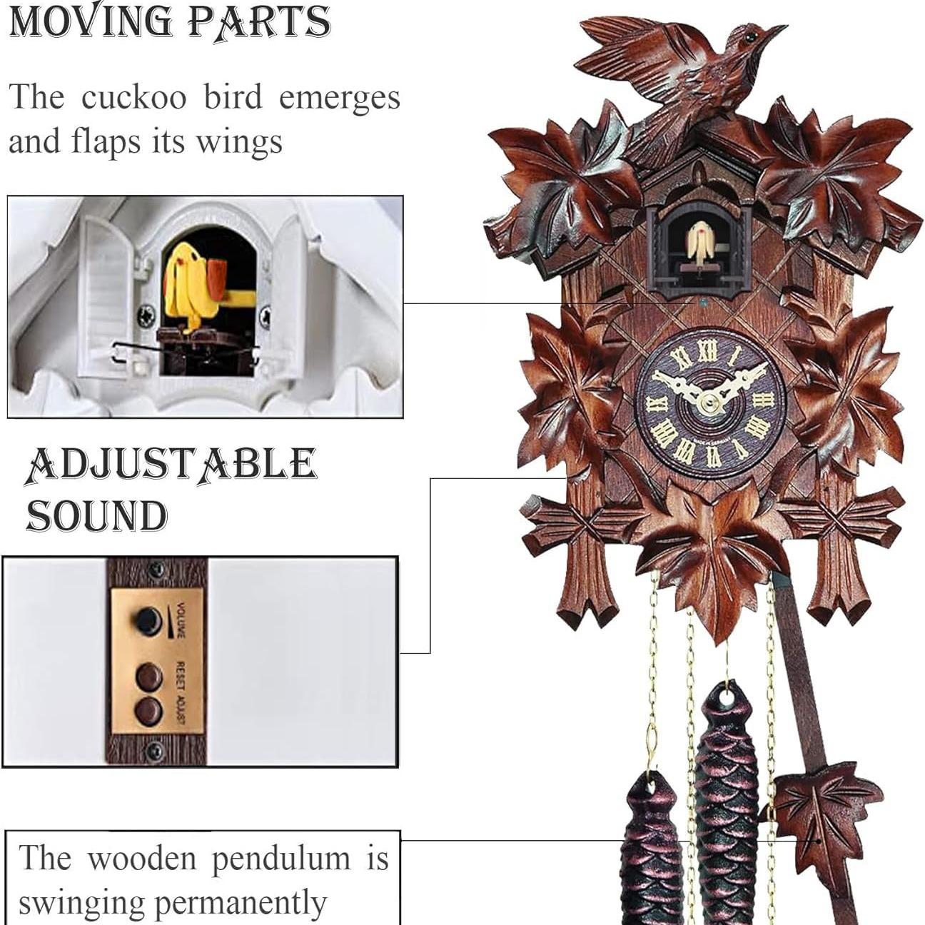 Quartz Cuckoo Clock 5-Leaves, with Singing Bird,Night Mode and Swinging Pendulum, Quartz Cuckoo Clock for Wall, AT-10001/10002/10003