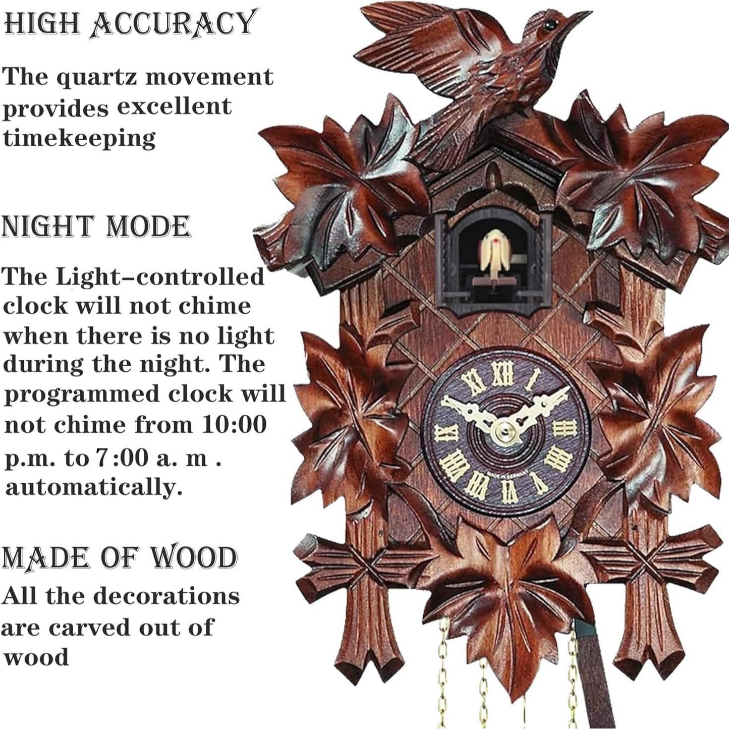 Quartz Cuckoo Clock 5-Leaves, with Singing Bird,Night Mode and Swinging Pendulum, Quartz Cuckoo Clock for Wall, AT-10001/10002/10003