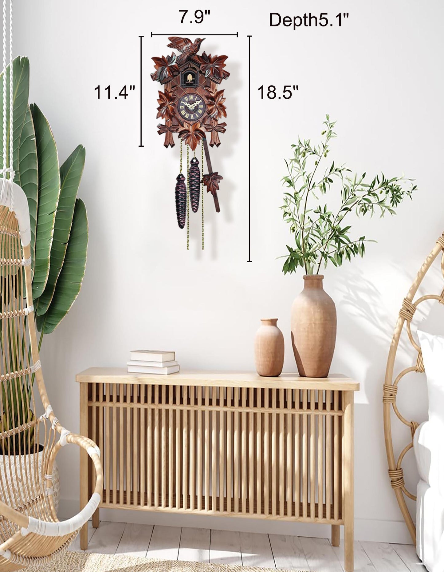 Quartz Cuckoo Clock 5-Leaves, with Singing Bird,Night Mode and Swinging Pendulum, Quartz Cuckoo Clock for Wall, AT-10001/10002/10003